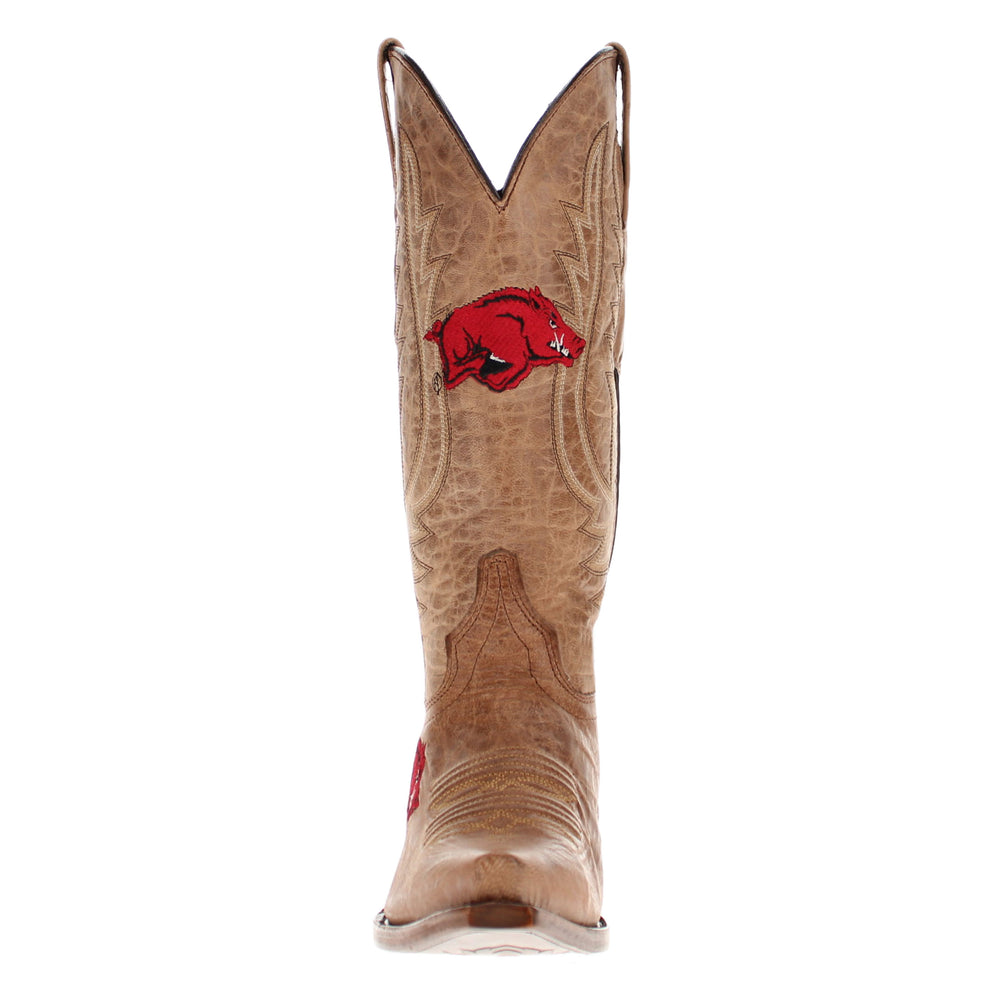 Women's University of Arkansas Razorbacks Tan Leather Snip Toe Cowgirl Boots by Vaccari