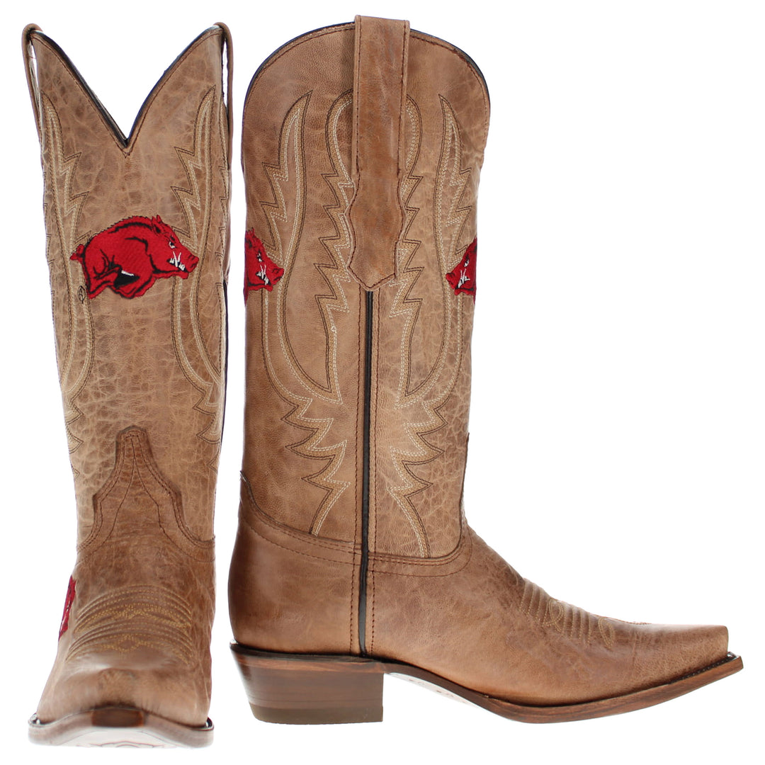 Women's University of Arkansas Razorbacks Tan Leather Snip Toe Cowgirl Boots by Vaccari