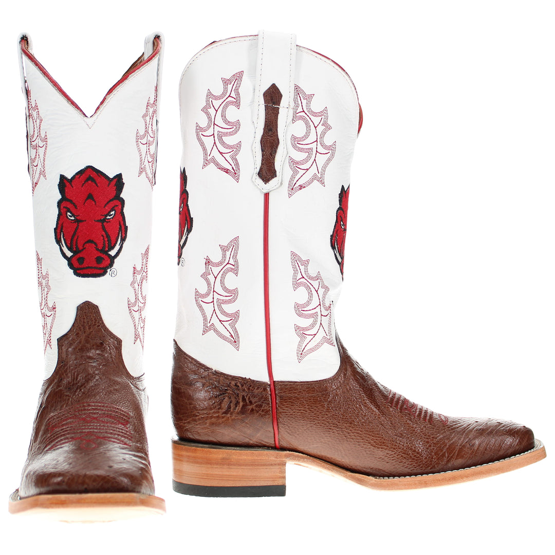 Men's University of Arkansas Razorbacks Mocha Broad Square Smooth Ostrich Cowboy Boots Brooks by Vaccari