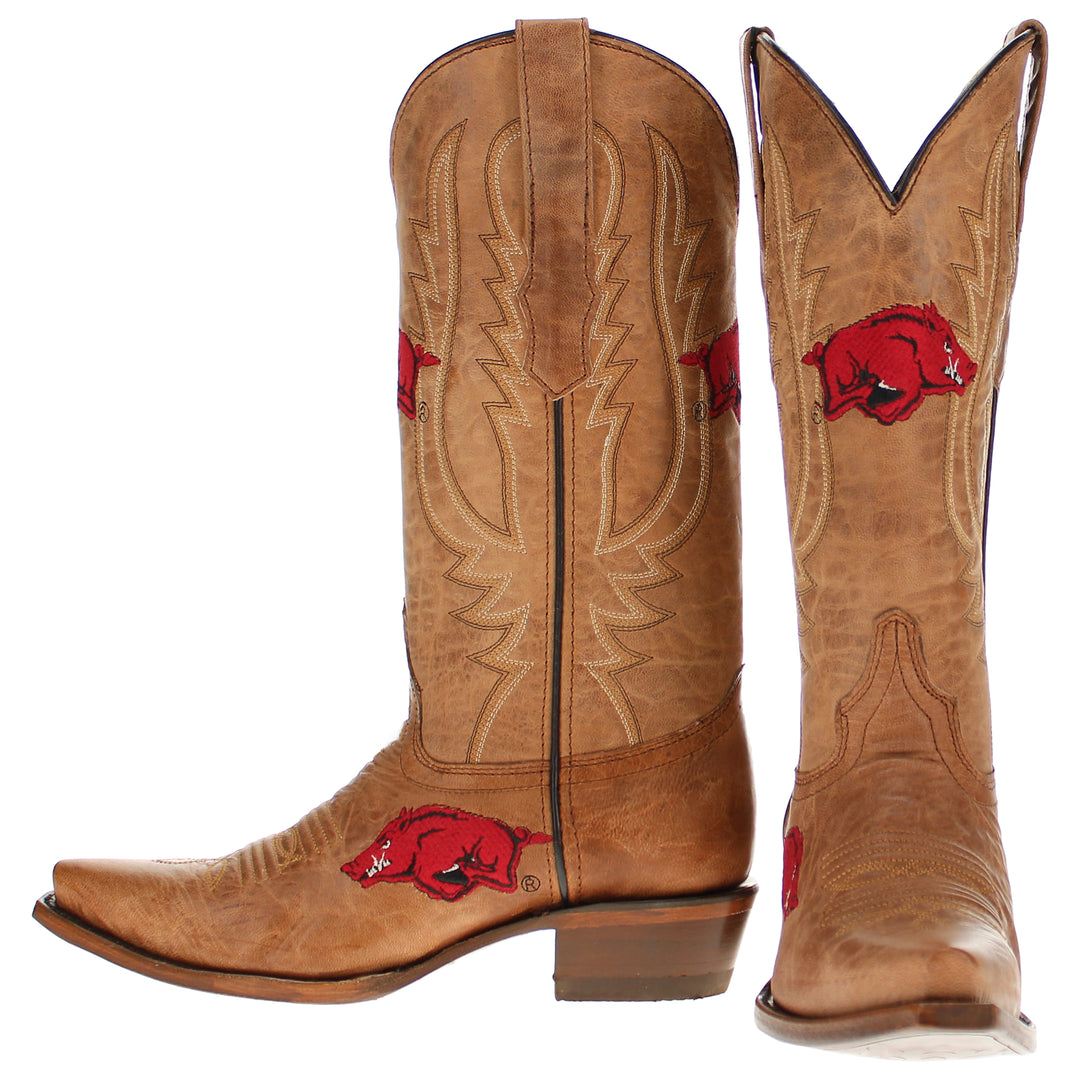 Women's University of Arkansas Razorbacks Tan Leather Snip Toe Cowgirl Boots by Vaccari