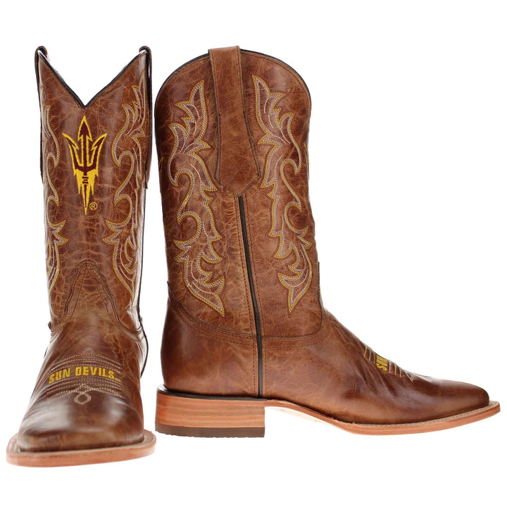 Men's Arizona State University Sundevils Tan Leather Square Toe Cowboy Boots by Vaccari