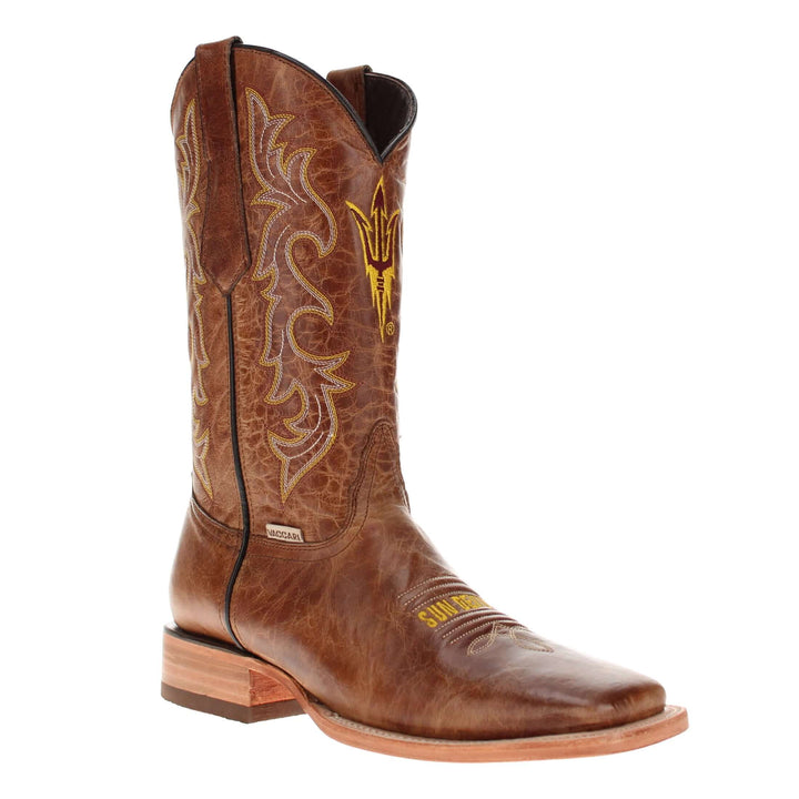 Men's Arizona State University Sundevils Tan Leather Square Toe Cowboy Boots by Vaccari