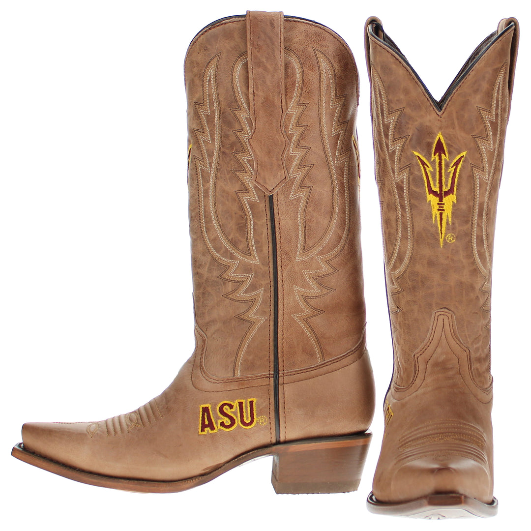 Women's Arizona State University Sundevils Tan Leather Snip Toe Cowgirl Boots by Vaccari