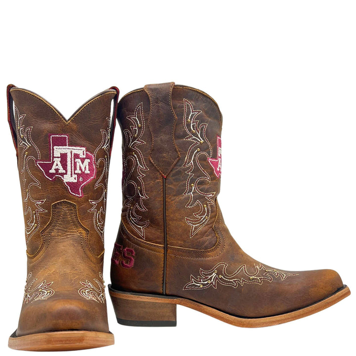 Kids Texas A&M University Aggies Cowgirl Boots | Gold studs Tan Snip Toe Boots | Officially Licensed | Amelia