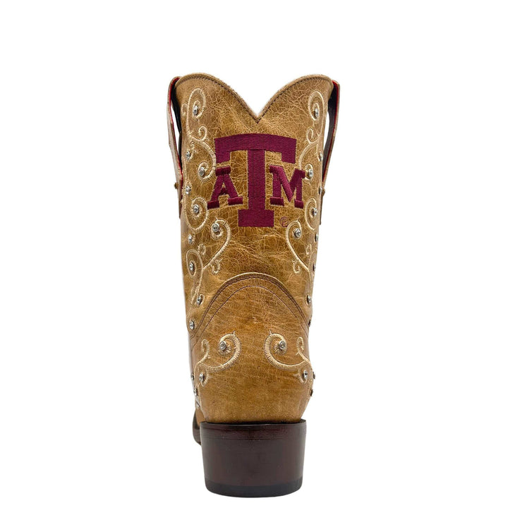 Kid's Texas A&M University Aggies Cowgirl Boots | White Scroll Embroidery Cognac Snip Toe Boots | Officially Licensed | Chloe