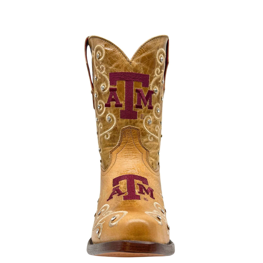 Kid's Texas A&M University Aggies Cowgirl Boots | White Scroll Embroidery Cognac Snip Toe Boots | Officially Licensed | Chloe