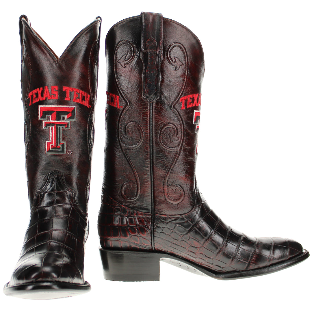 Men's Texas Tech Red Raiders Black Cherry Round Toe American Alligator Belly Cowboy Boots James by Vaccari