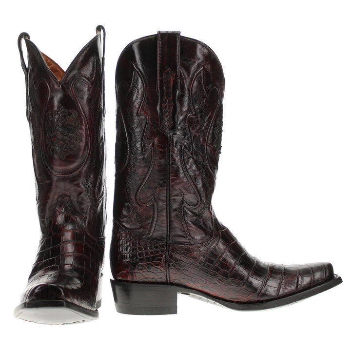 Black Cherry American alligator belly cowboy boots with a caiman texture
