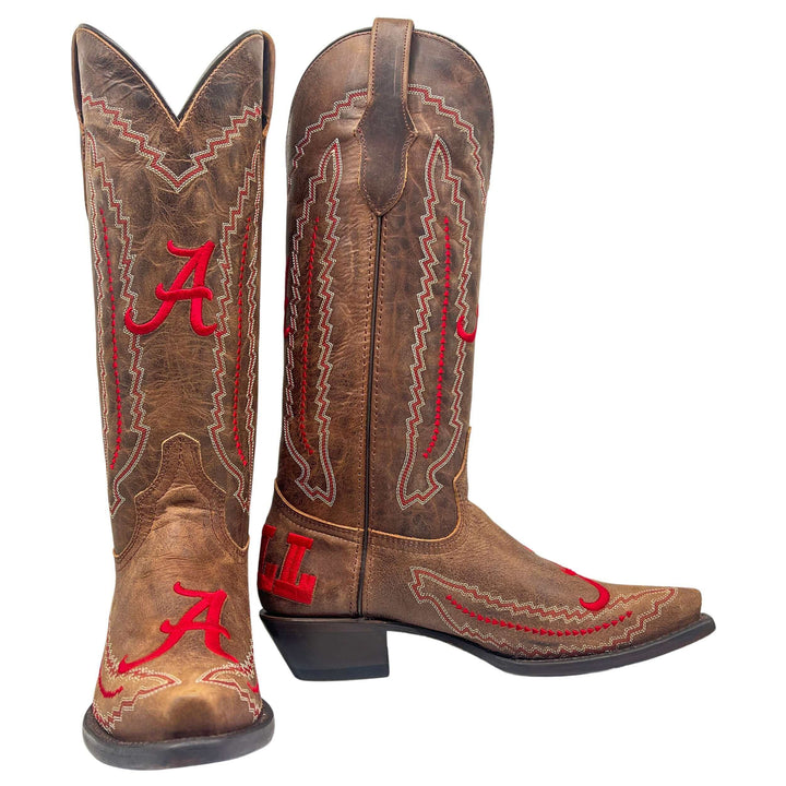 Women's Universtiy of Alabama Crimson Tide Cowgirl Boots | Brown Snip Toe Boots | Officially Licensed | Naomi