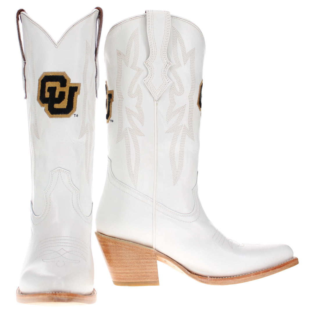 Women's University of Colorado All White Pointed Toe Cowgirl Boots Leighton Vaccari University