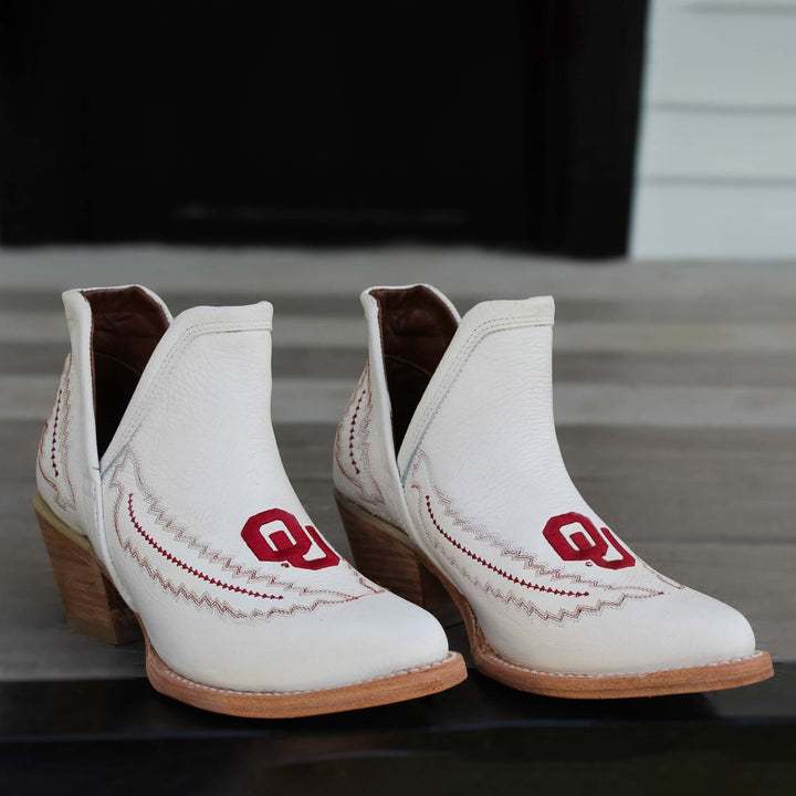 Women's University of Oklahoma Sooners Cowgirl Booties | OU All White Pointed Toe Boots | Officially Licensed | Natalie