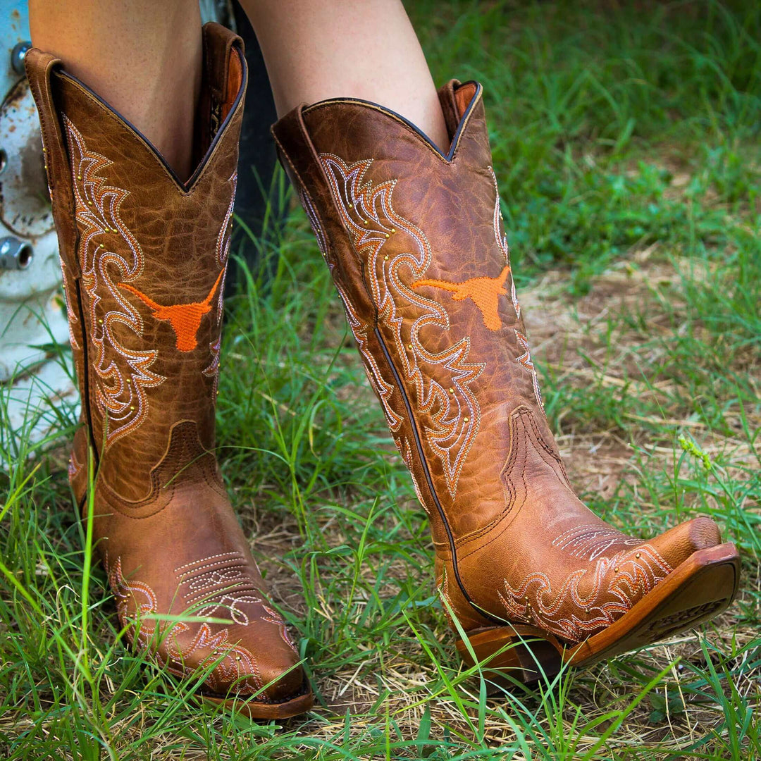 Women's University of Texas Longhorns Cowgirl Boots | Gold studs Tan Snip Toe Boots | Officially Licensed | Annie