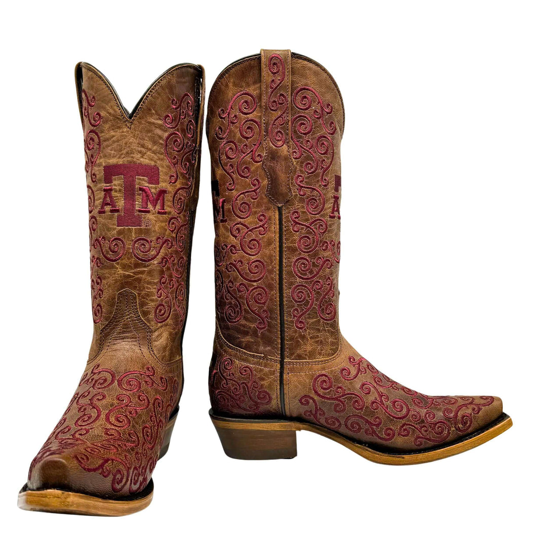 Women's University of Texas A&M Aggies Cowgirl Boots | Maroon Scroll Embroidery Tan Snip Toe Boots | Officially Licensed | Claire