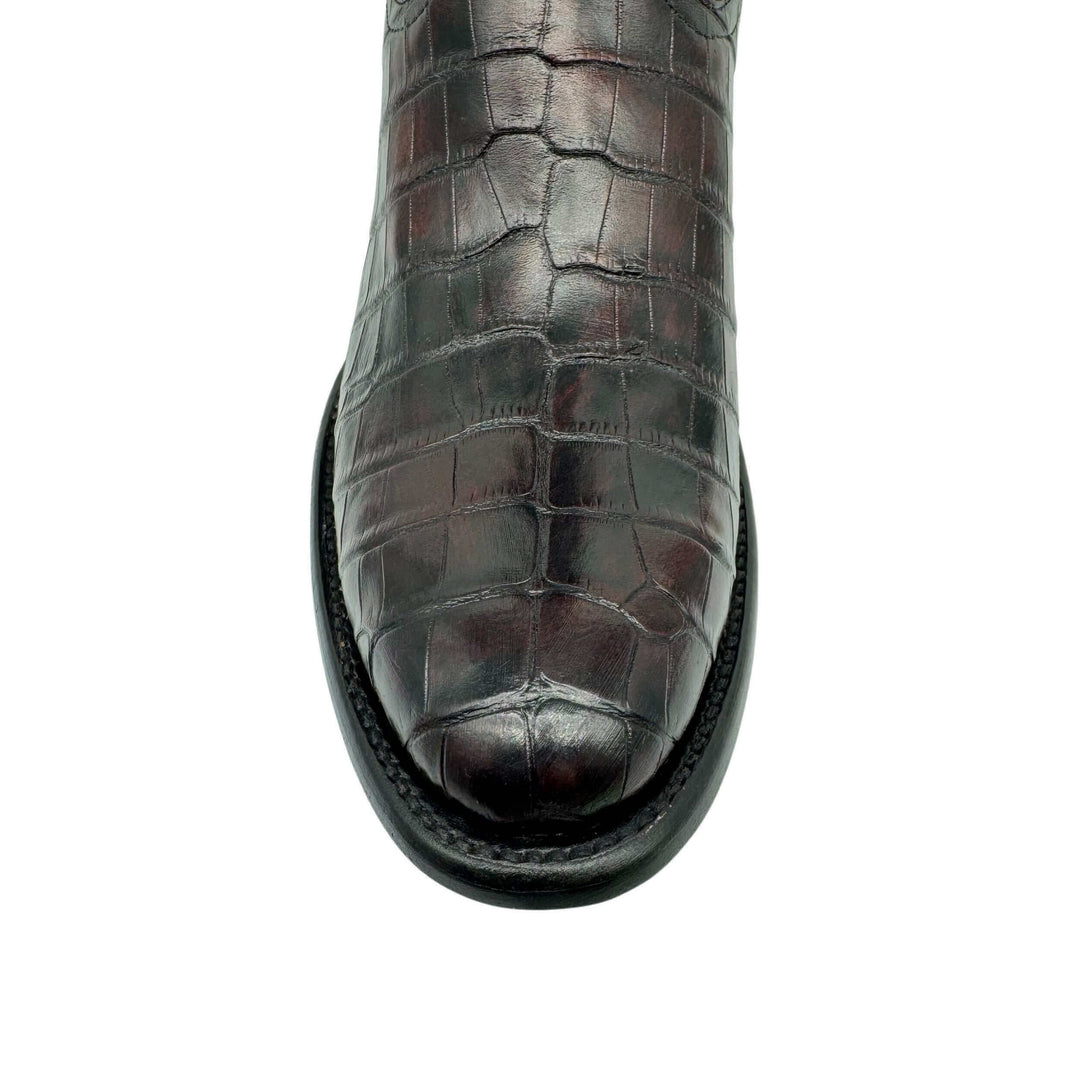 Mens Black Cherry American Alligator Belly Round Toe Western Boot That Looks Similar to Caiman Crocodile