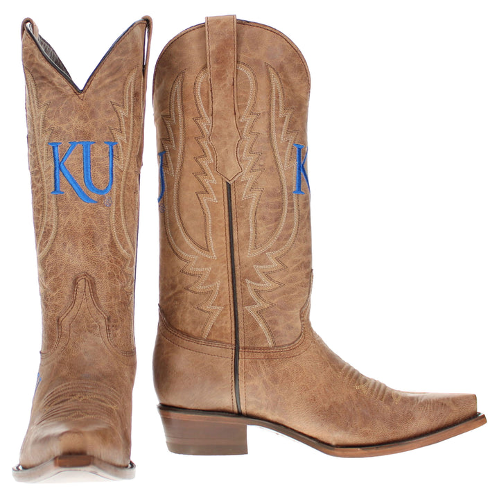 Women's University of Kansas Jayhawks Tan Leather Snip Toe Cowgirl Boots by Vaccari