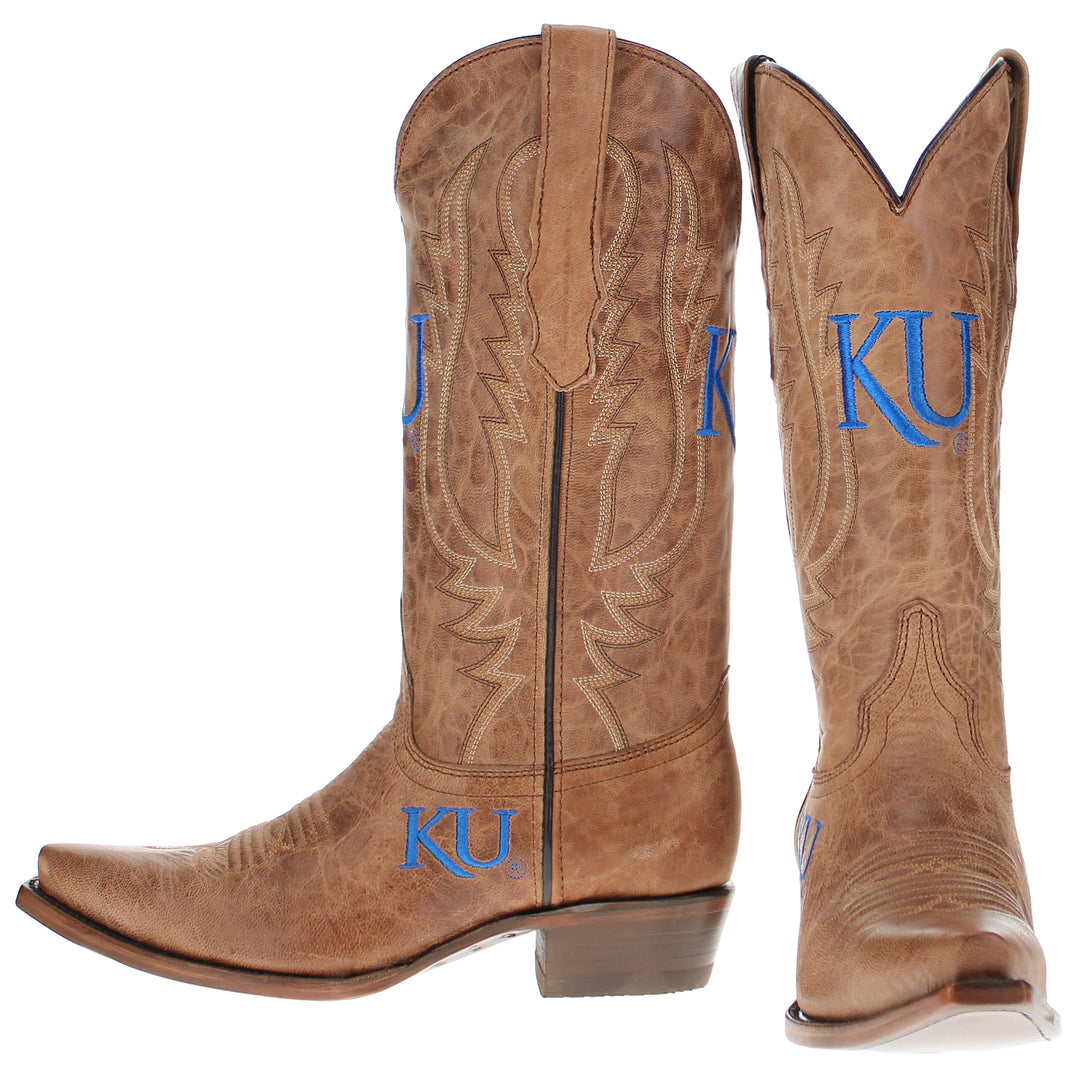 Women's University of Kansas Jayhawks Tan Leather Snip Toe Cowgirl Boots by Vaccari