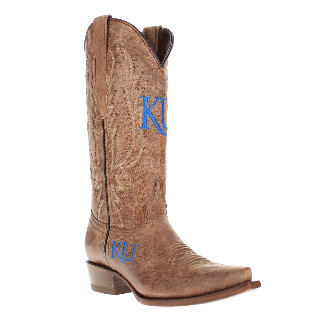 Women's University of Kansas Jayhawks Tan Leather Snip Toe Cowgirl Boots by Vaccari