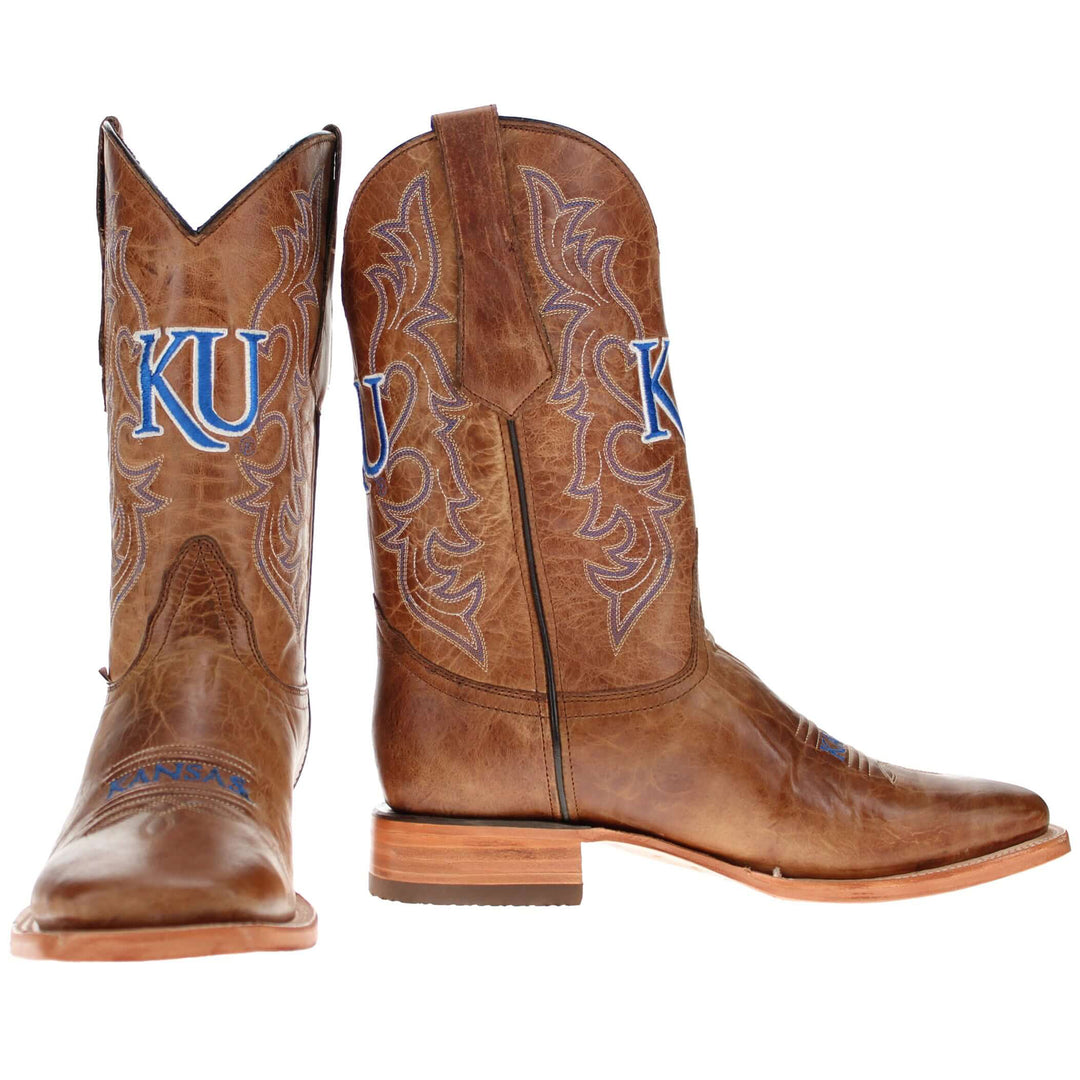 Men's University of Kansas Jayhawks Tan Leather Square Toe Cowboy Boots by Vaccari