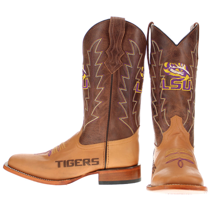 Men's Louisiana State University Tigers Tan/Mocha Broad Square Cowboy Boots Weston by Vaccari