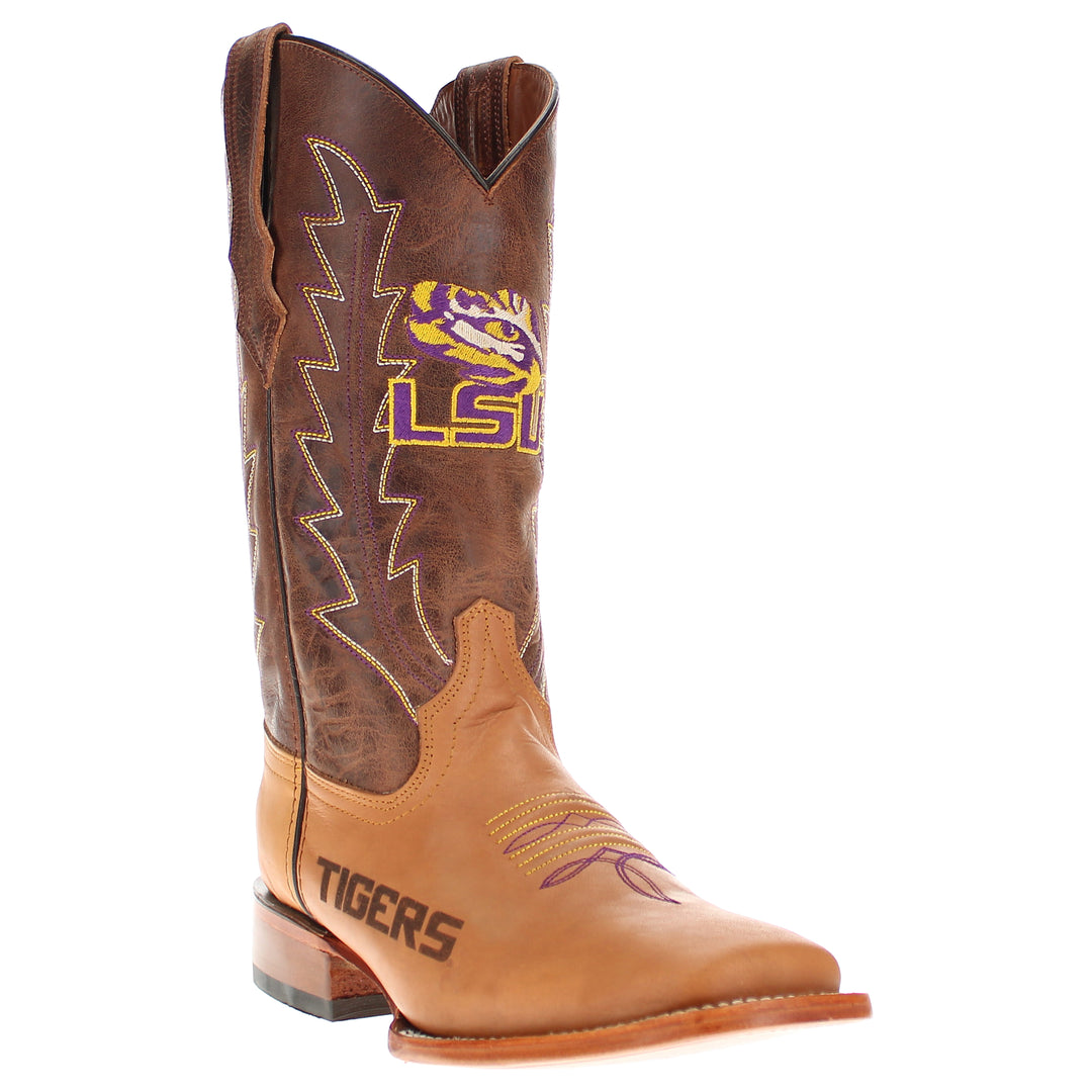 Men's Louisiana State University Tigers Tan/Mocha Broad Square Cowboy Boots Weston by Vaccari