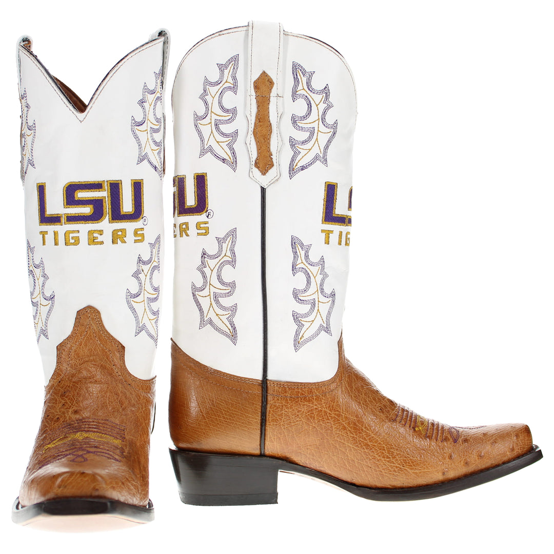 Men's Louisiana State University Tigers Tan JW Smooth Ostrich Cowboy Boots Brooks by Vaccari