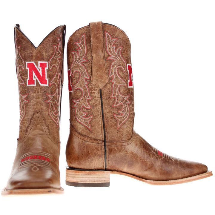 Men's University of Nebraska Cornhuskers Tan Leather Square Toe Cowboy Boots by Vaccari