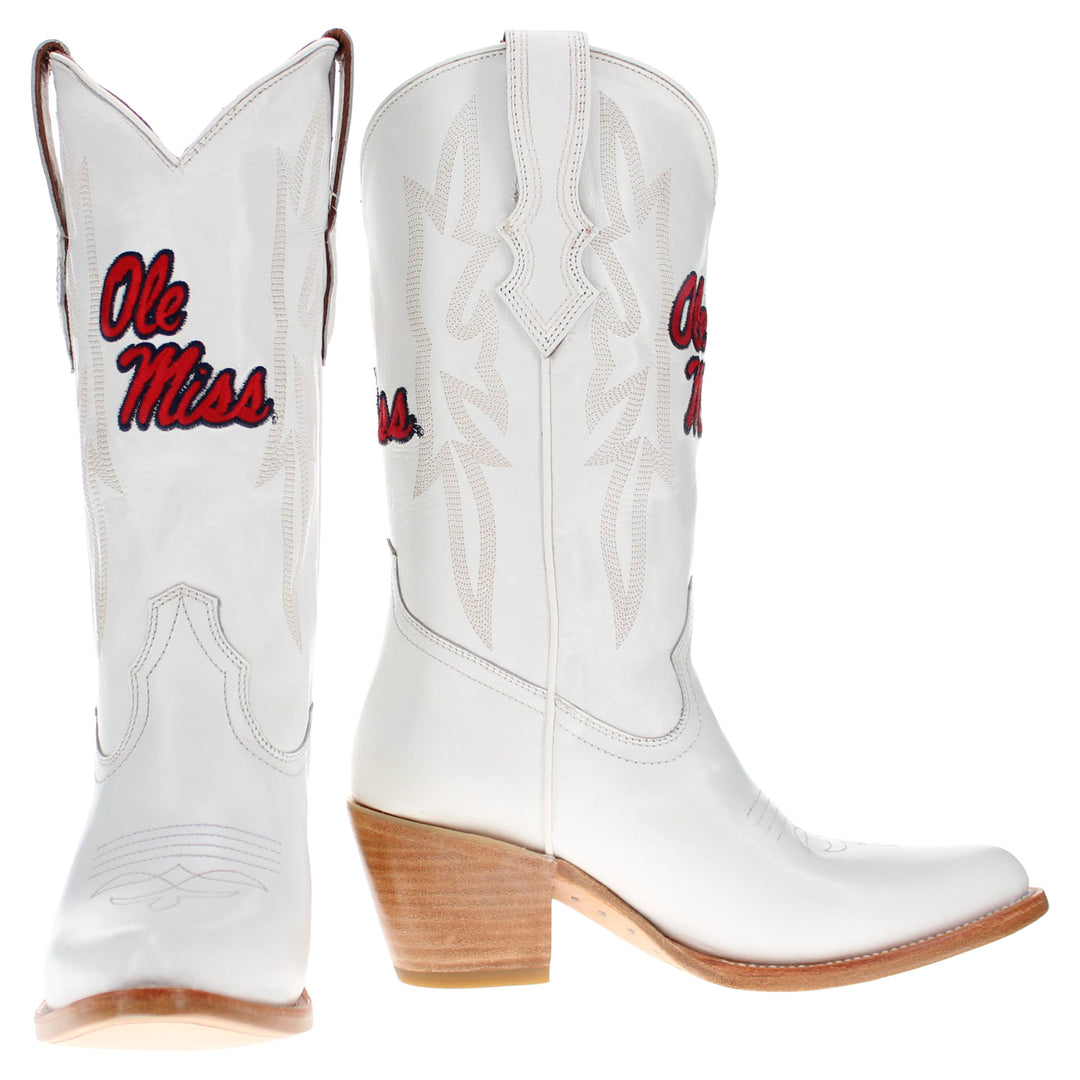 Women's University of Mississippi All White Pointed Toe Cowgirl Boots Leighton Vaccari University