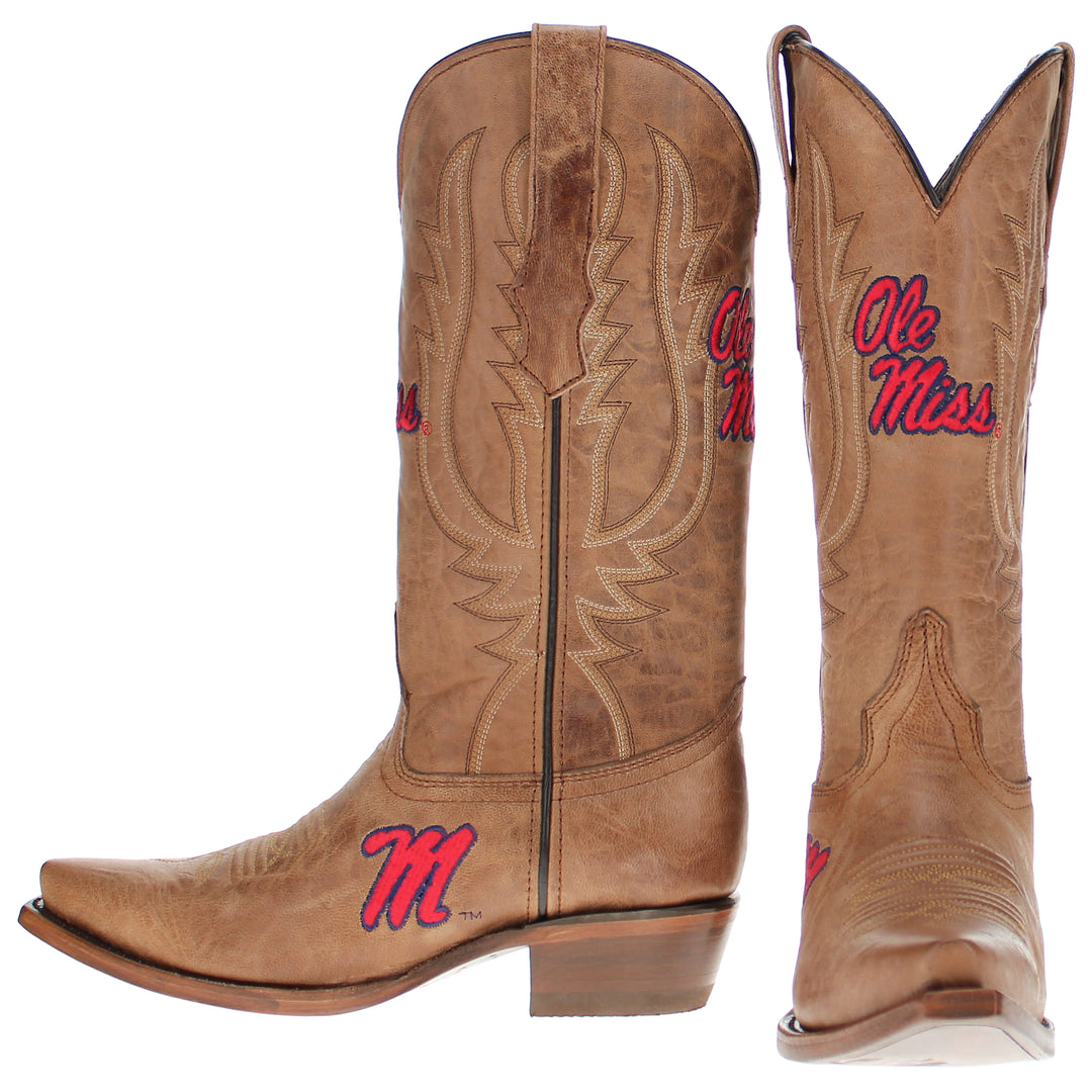 Women's University of Mississippi Ole Miss Tan Leather Snip Toe Cowgirl Boots by Vaccari