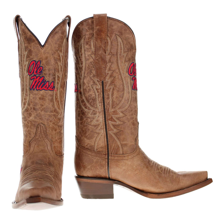 Women's University of Mississippi Ole Miss Tan Leather Snip Toe Cowgirl Boots by Vaccari