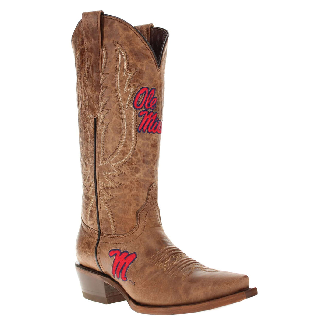 Women's University of Mississippi Ole Miss Tan Leather Snip Toe Cowgirl Boots by Vaccari