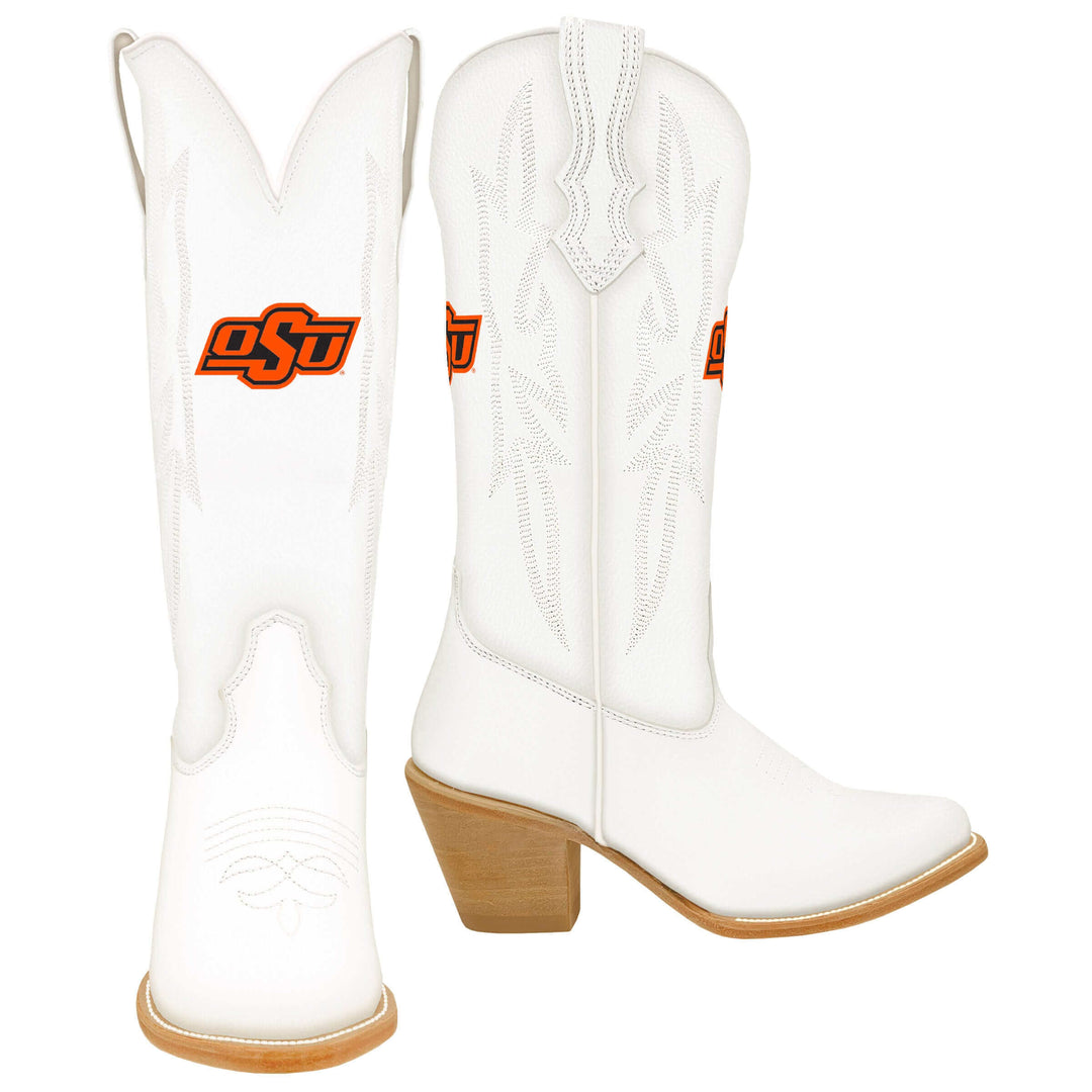 Women's Oklahoma State University All White Pointed Toe Cowgirl Boots Leighton by Vaccari