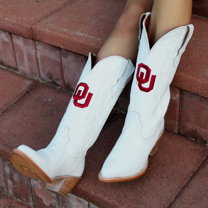 Women's University of Oklahoma Sooners All White Pointed Toe Cowgirl Boots Leighton by Vaccari