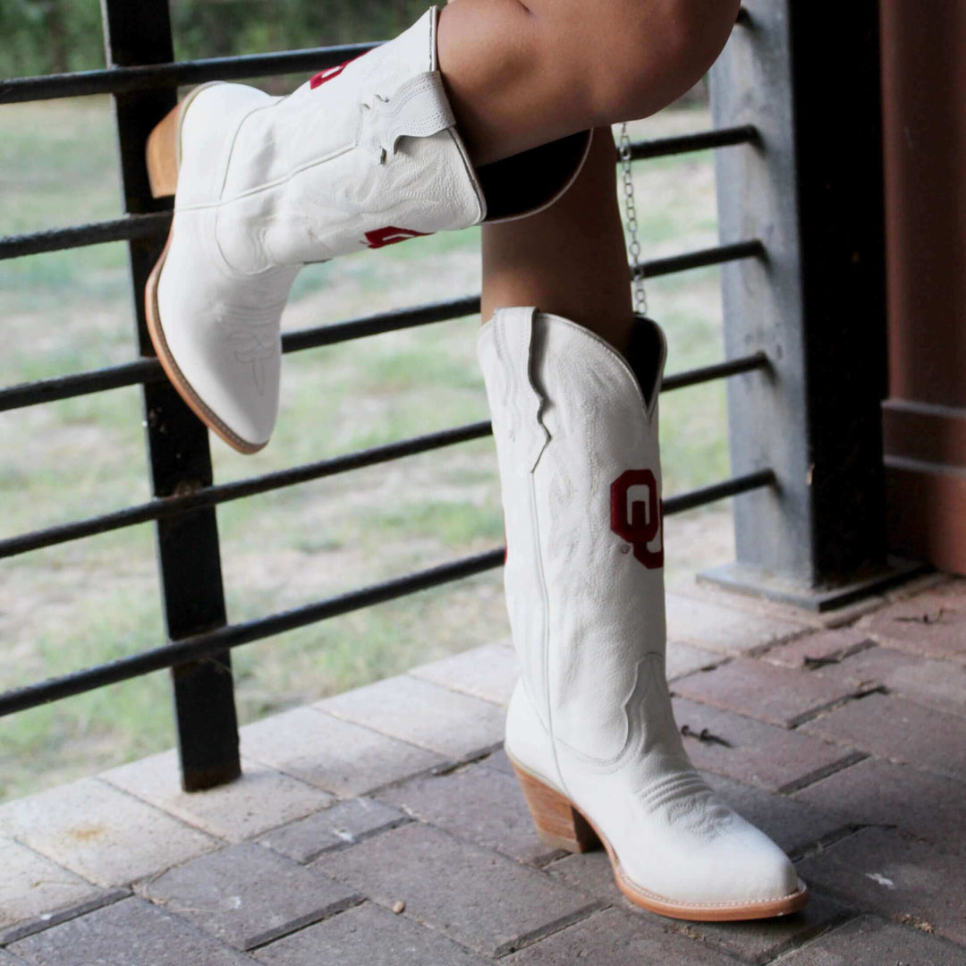 Women's University of Oklahoma Sooners All White Pointed Toe Cowgirl Boots Leighton by Vaccari