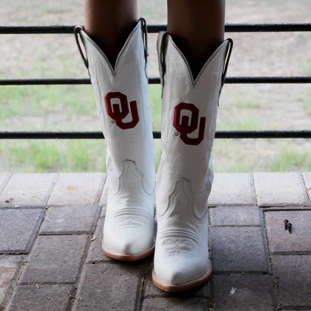 Women's University of Oklahoma Sooners All White Pointed Toe Cowgirl Boots Leighton by Vaccari