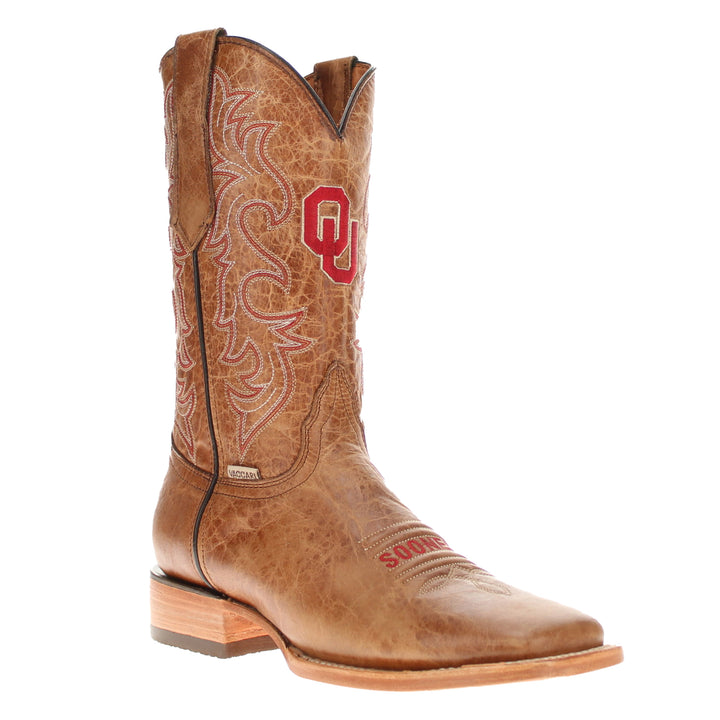 Men's University of Oklahoma Sooners Tan Leather Square Toe Cowboy Boots by Vaccari