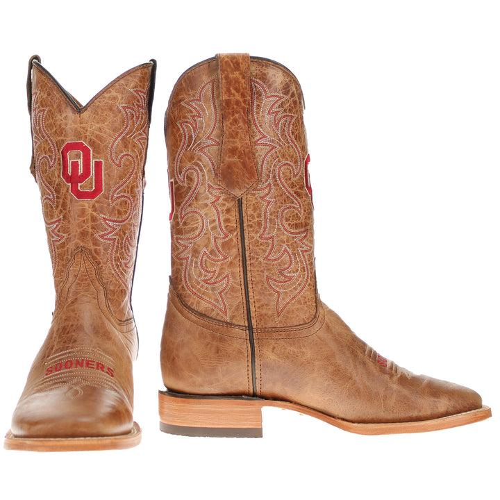 Men's University of Oklahoma Sooners Tan Leather Square Toe Cowboy Boots by Vaccari