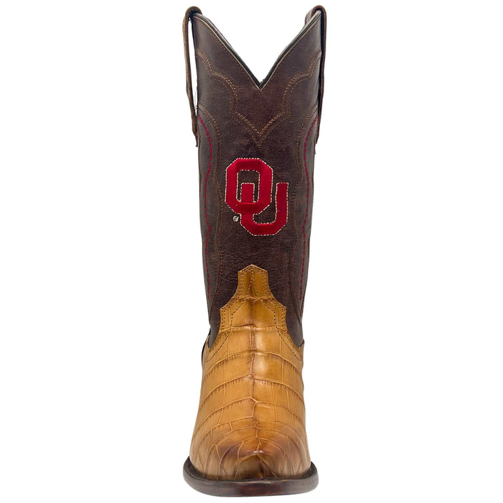 Women's University of Oklahoma Sooners Brown American Alligator Snip Toe Cowgirl Boots Olivia by Vaccari