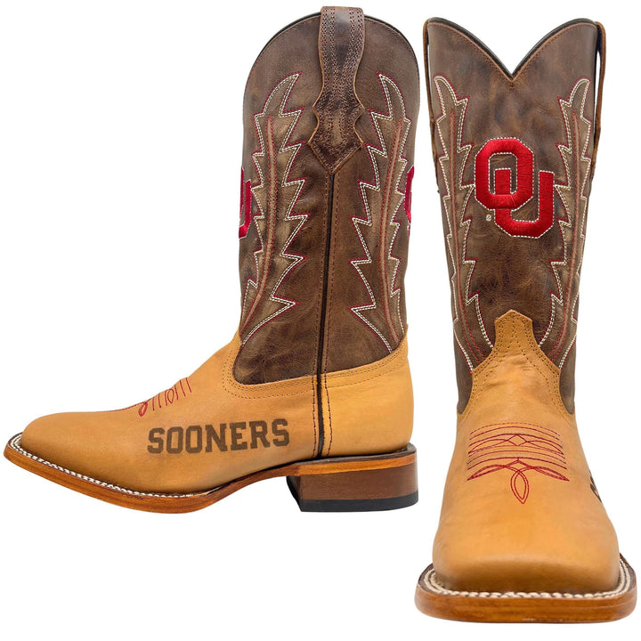Men's University of Oklahoma Sooners Cowboy Boots | Tan/Mocha Broad Square Boots | Officially Licensed | Weston