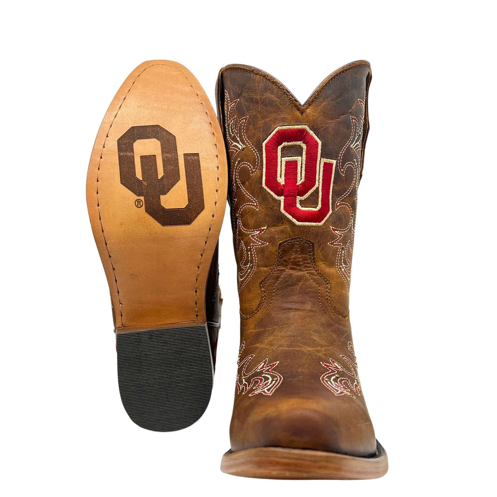 Kids University of Oklahoma Sooners Cowgirl Boots | Gold studs Tan Snip Toe Boots | Officially Licensed | Amelia