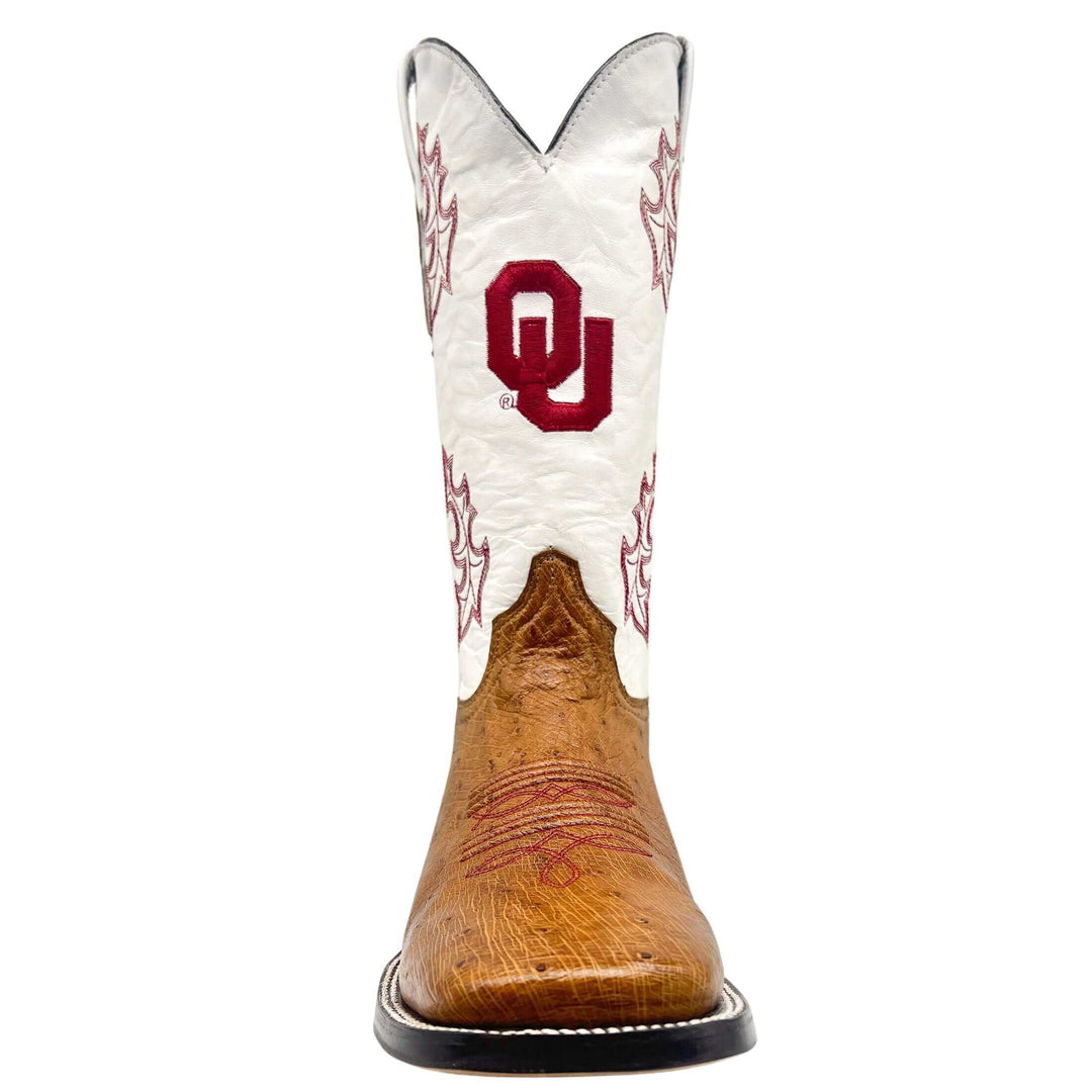  Men's University of Oklahoma Sooners Cowboy Boots | Tan Broad Square/JW toe Smooth Ostrich Boots | Officially Licensed | Brooks #select-a-toe_square