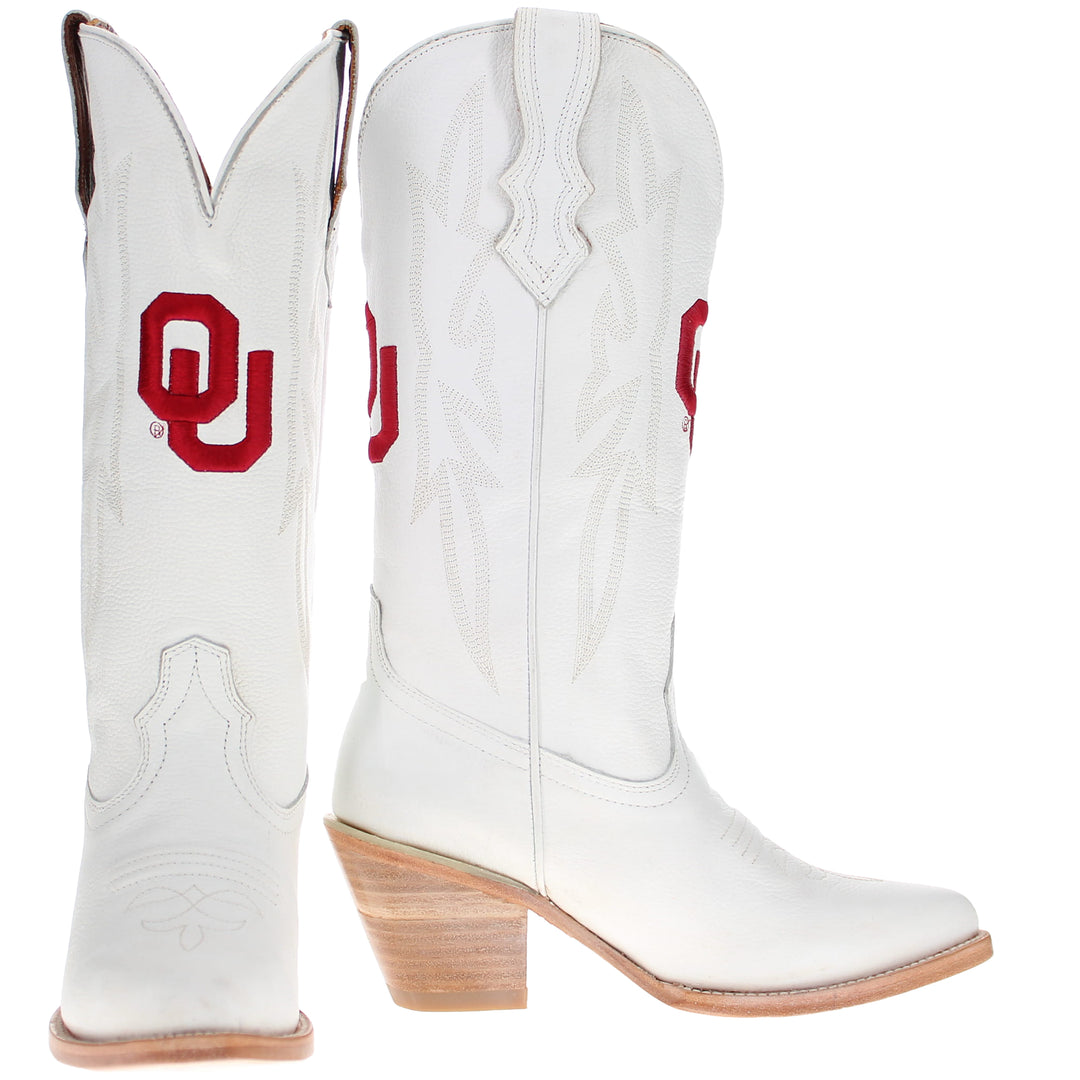 Women's University of Oklahoma Sooners All White Pointed Toe Cowgirl Boots Leighton by Vaccari