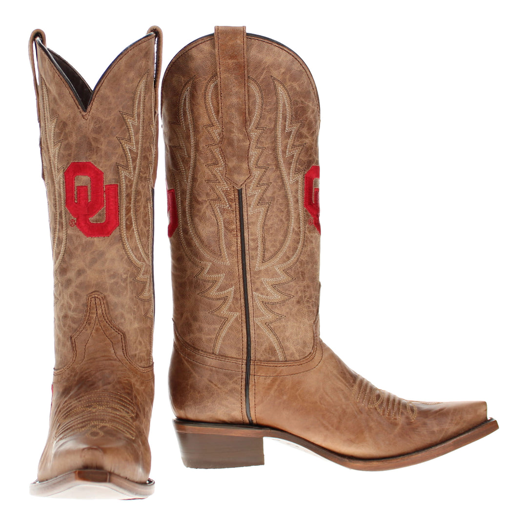 Women's University of Oklahoma Sooners Tan Leather Snip Toe Cowgirl Boots by Vaccari