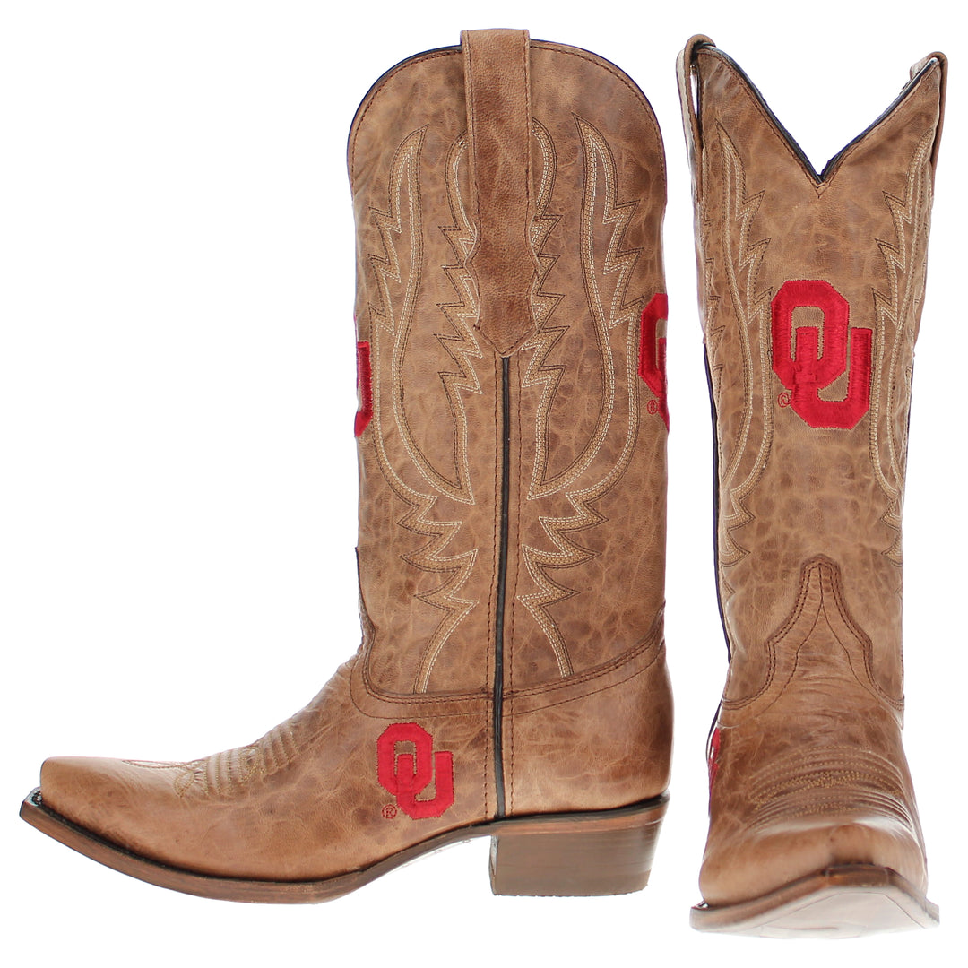 Women's University of Oklahoma Sooners Tan Leather Snip Toe Cowgirl Boots by Vaccari