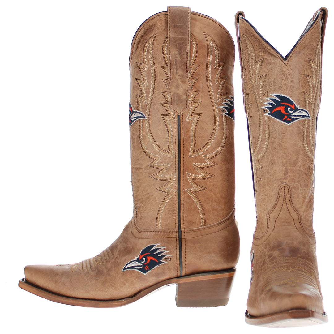 Women's University of Texas at San Antonio UTSA Roadrunners Tan Leather Snip Toe Cowgirl Boots by Vaccari