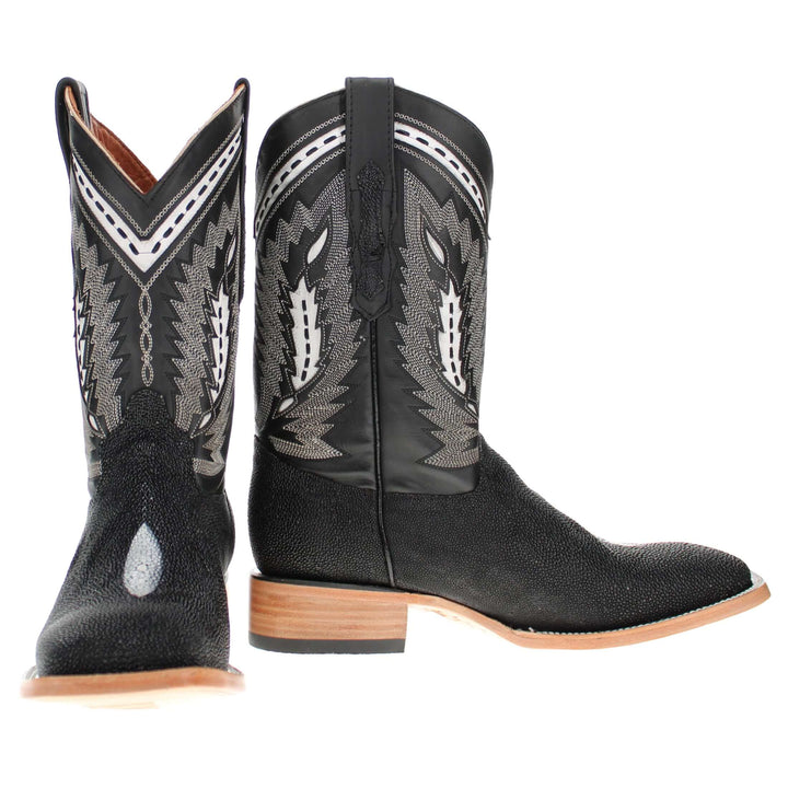 Mens Black Stingray Leather Square Toe Cowboy Boots by Vaccari