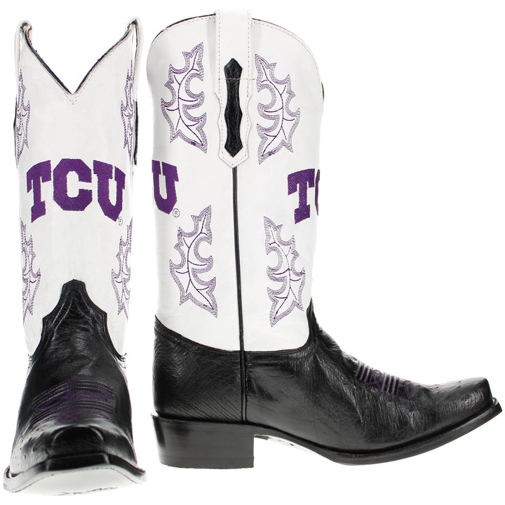 Men's Texas Christian University Genuine Smooth Ostrich Black JW Toe Cowboy Boots by Vaccari University