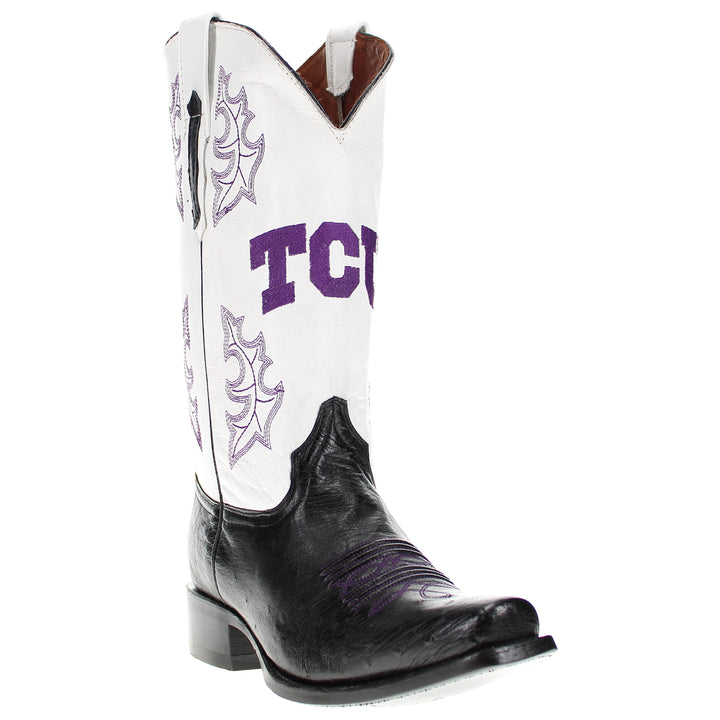 Men's Texas Christian University Genuine Smooth Ostrich Black JW Toe Cowboy Boots by Vaccari University