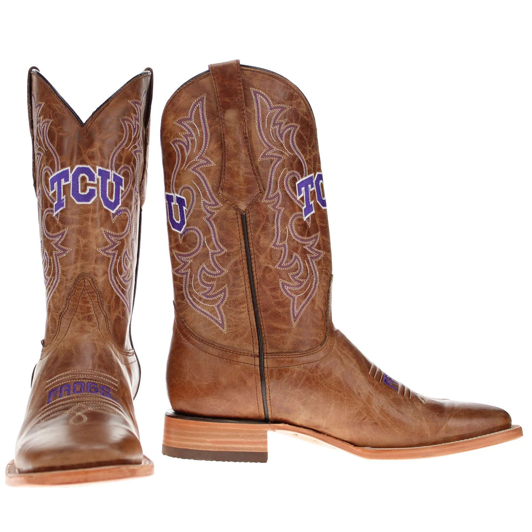 Men's TCU Horned Frogs Tan Leather Square Toe Cowboy Boots by Vaccari