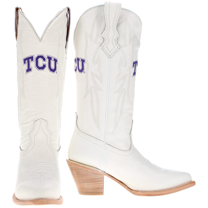 Women's Texas Christian University Horned Frogs All White Pointed Toe Cowgirl Boots Leighton Vaccari University