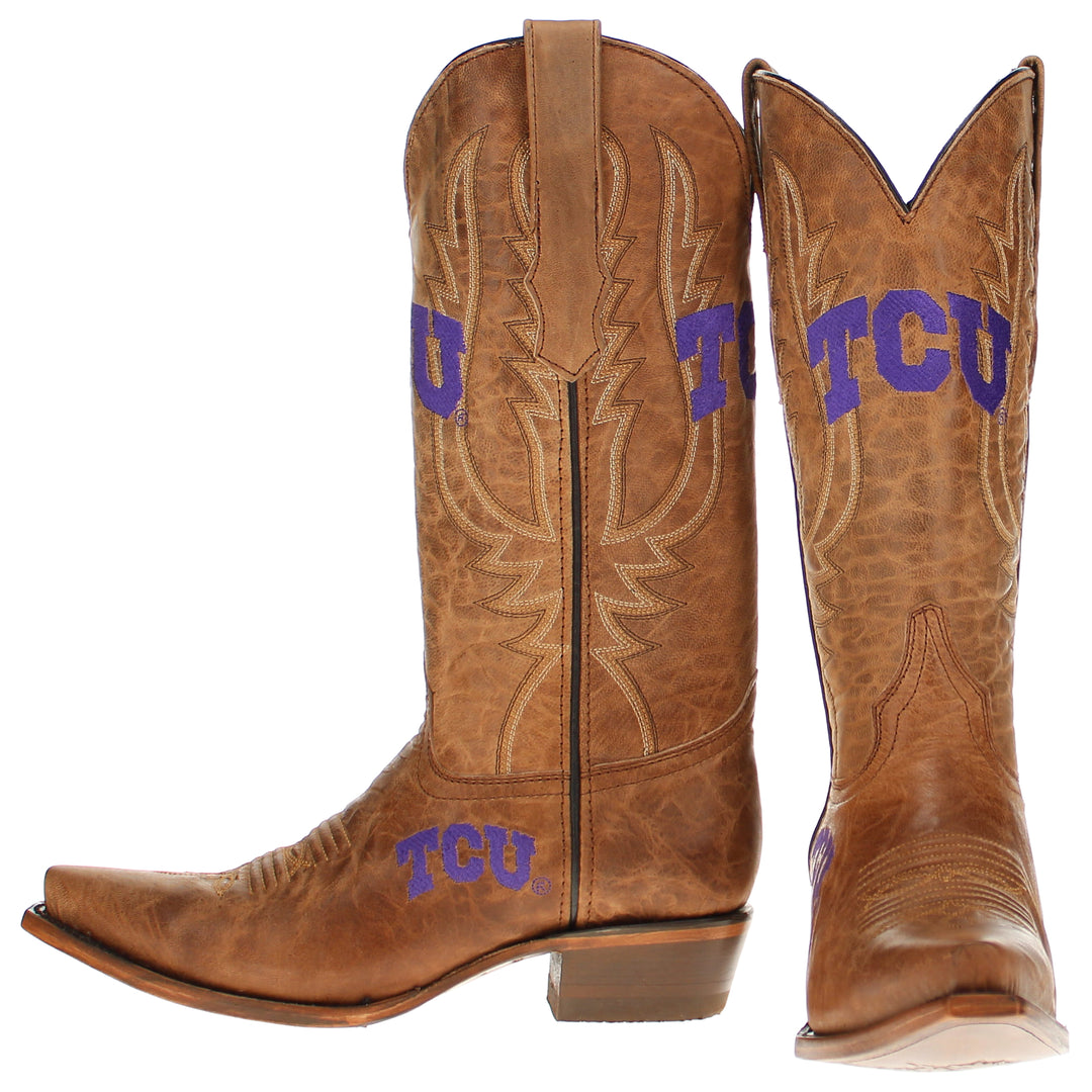 Women's TCU Horned Frogs Tan Leather Snip Toe Cowgirl Boots by Vaccari